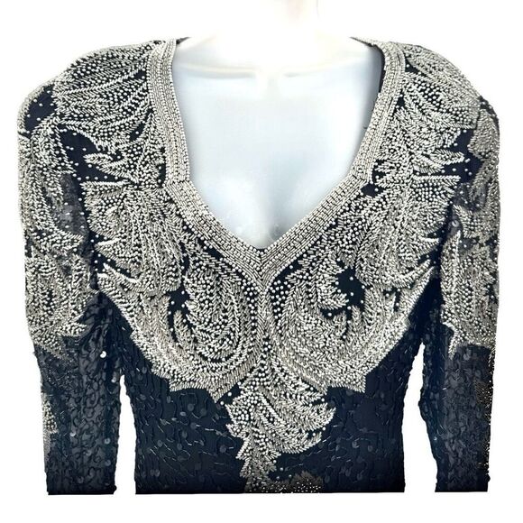 Vintage Fully Beaded Black Silver Evening Gown XL 14 Sequin Long Dress A… - Picture 2 of 16